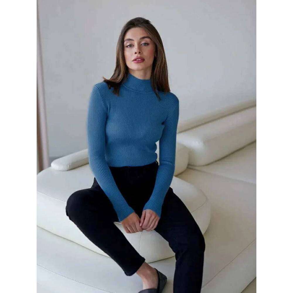 2025 Stretchy T-shirt Fall Spring Blouse Elegant Women Knitted Half-high Collar Sweater Slim Fit Solid Color Pullover Soft Z260313