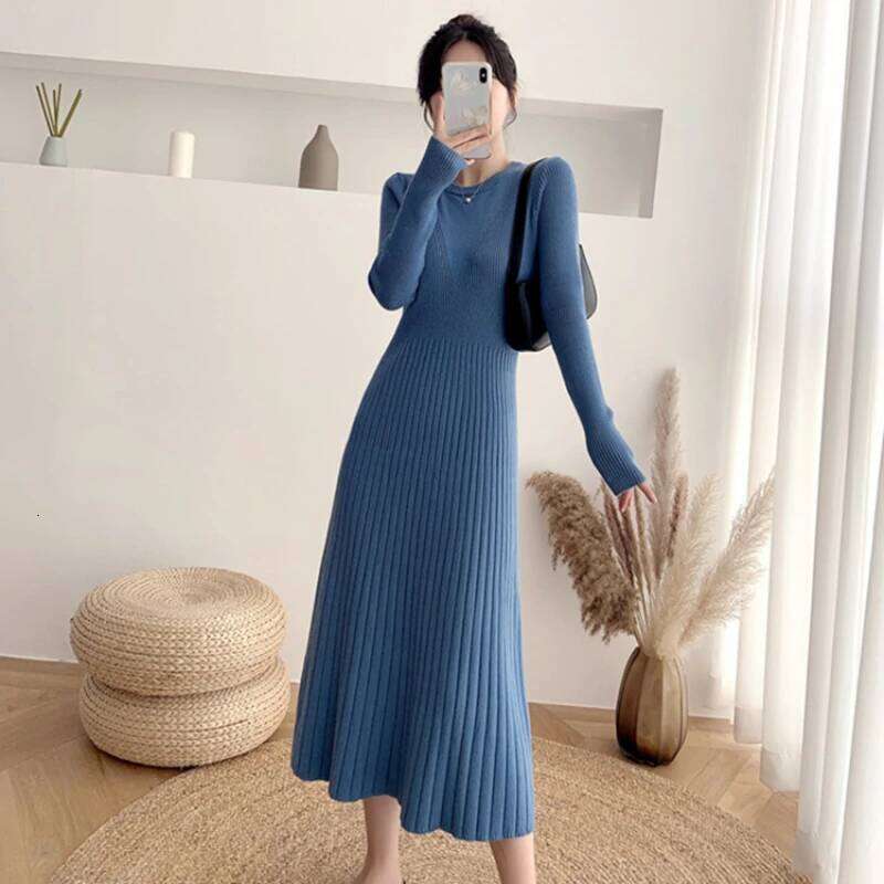 New Autumn Winter O-neck long sleeve knitted French Style high waist solid slim mid-length A-line sweater Dress Z260313