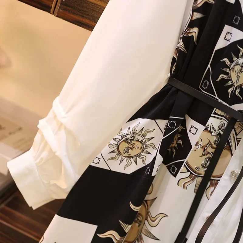 Vintage Print A-Line With Belt Loose Polo Neck Womens Dress Elegant Single-Breasted Knee Length Dresses For Women 2026 SpringT260314