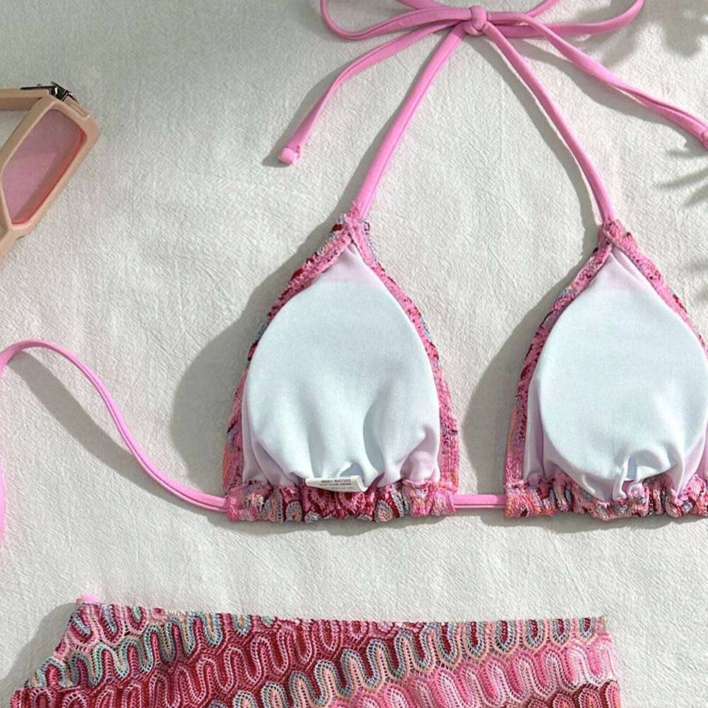 2025 New zigzag bikini three piece swimwear with skirt knitting bikinis swimsuit push up beachwear Y260303