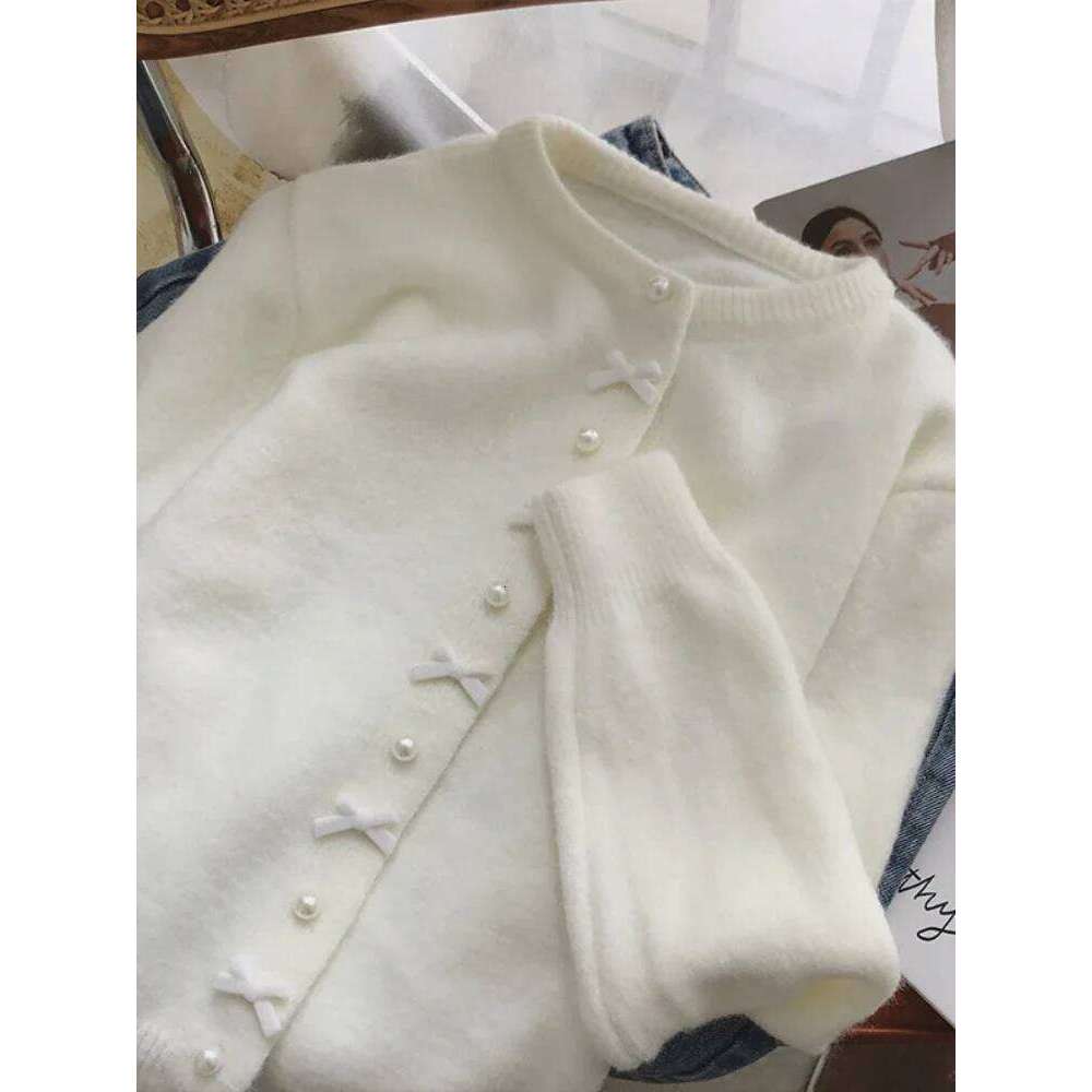 Sweet Knitted Cardigans Women Bow Design Gentle Casual Pearl Button Outwear Autumn Winter Japanese Style Aesthetic Soft Girls Z260314