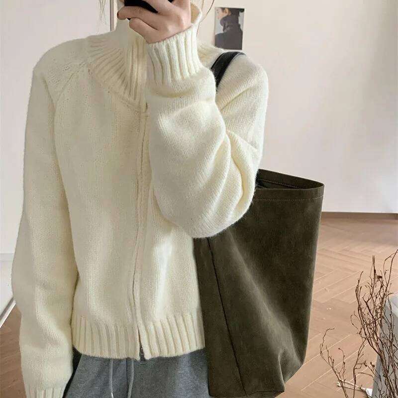 Lazy Style Double Zipper Turtleneck Sweater Female Autumn Winter Thicken Warm Knitted Cardigan Woman Korean Cropped Knitwears Z260314