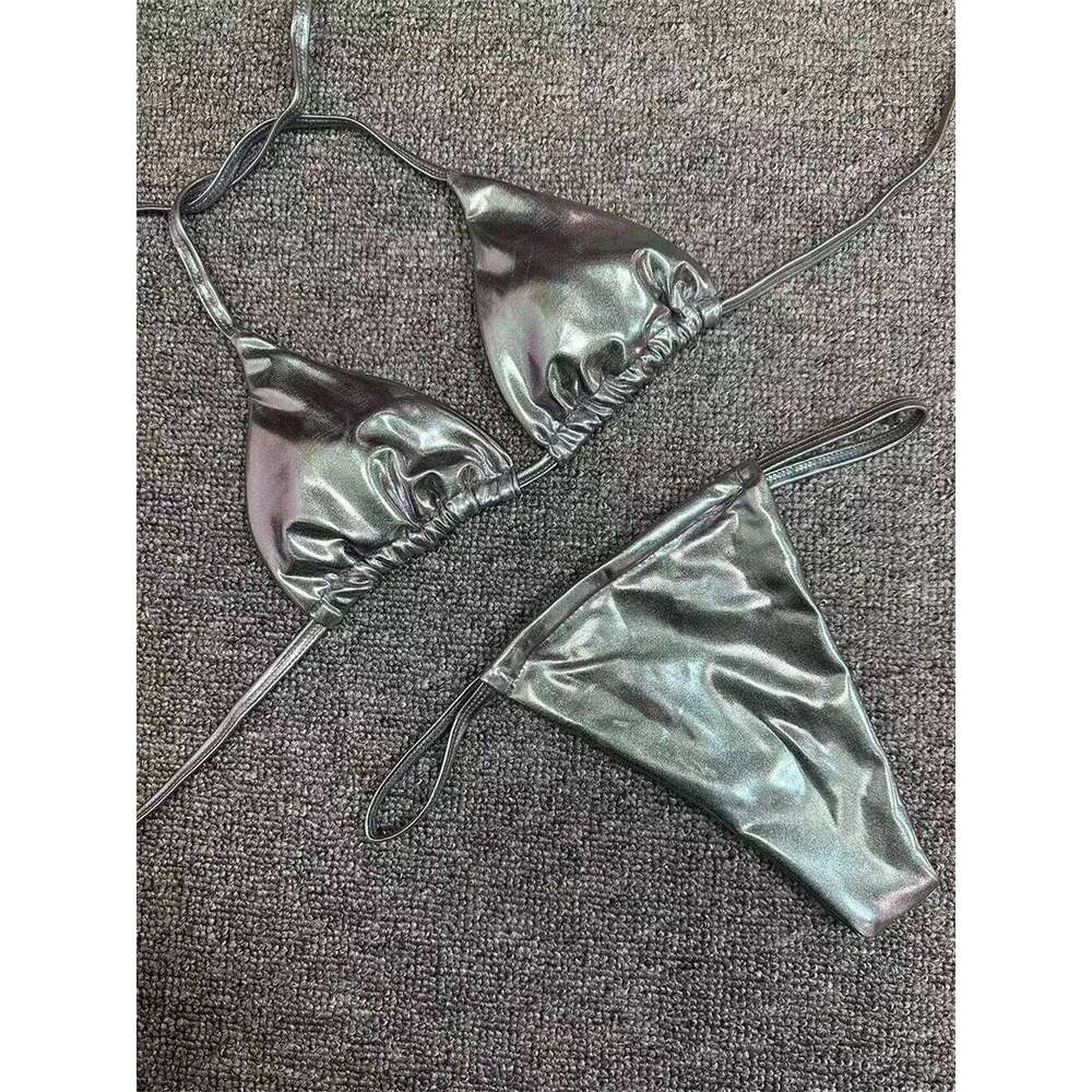 Sexy String Bikini Triangle Swimsuit Goth Silver Y2K Swimwear Women Backless Bathing Suit Micro Extreme Tanga mujer Beach Outfit Y260303