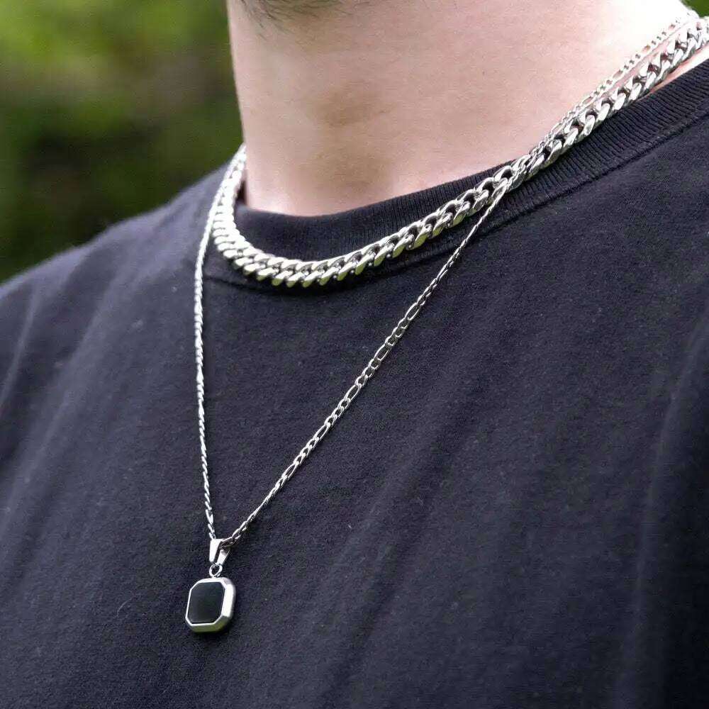 Vnox Geometric Necklaces for Men, Enamel Square Pendant with Rope Cuban Figaro Box Chain, Casual Vintage Cool Collar H260312