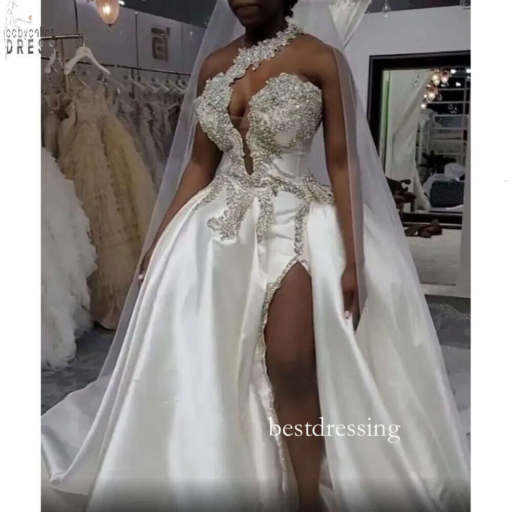 Arabic Aso Ebi Crystals High Split Wedding Dress Elegant One Shoulder Sexy Plunging V Neck Satin Bridal Gowns F28bc9934 B0313