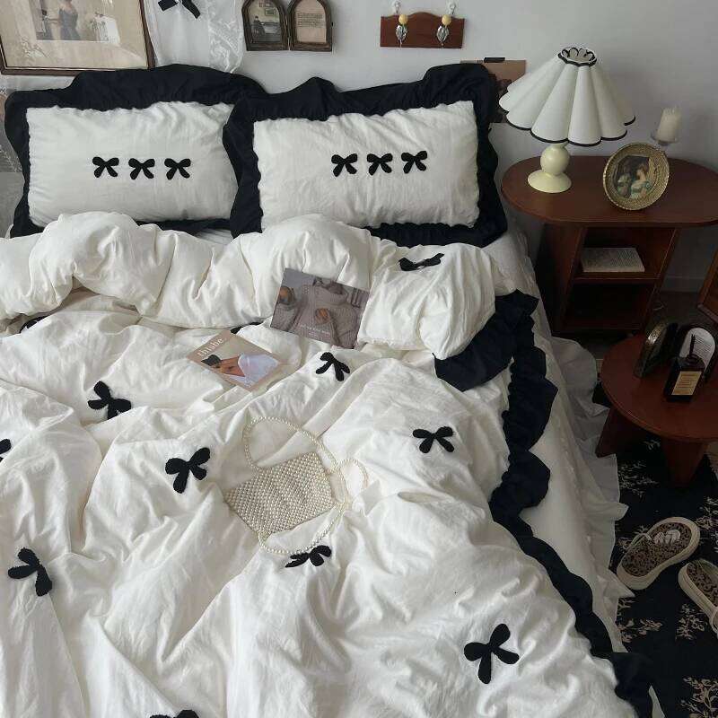 Korean Princess Style Kawaii Girl Black Bow Bedding Skin-friendly Soft Duvet Cover Set Sheet Or Bed Skirt Pillowcases H260312 - view 3