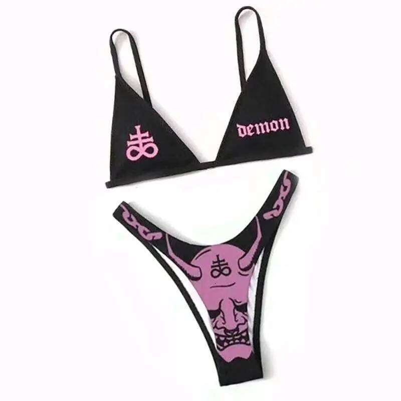 Sexy Gothic Bikini 2025 Women Demon Print Bra Thong Swimsuit Split Bathing Suit Underwear Y2K Bikinis Punk Swimwear Y260303