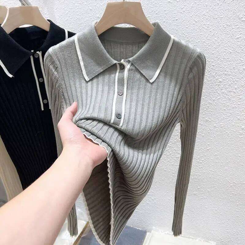 POLO Collar Knitted Base Shirt for Women's Tops New Early Autumn Lapel Inner Sweater Z260313
