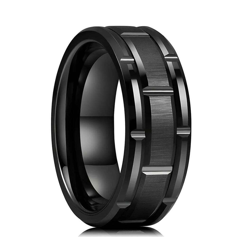 Fashion Men's 8mm Gold Color Groove Beveled Edge Tungsten Wedding Carbon Fiber Punk Gear Wheel Stainless Steel Ring For Men