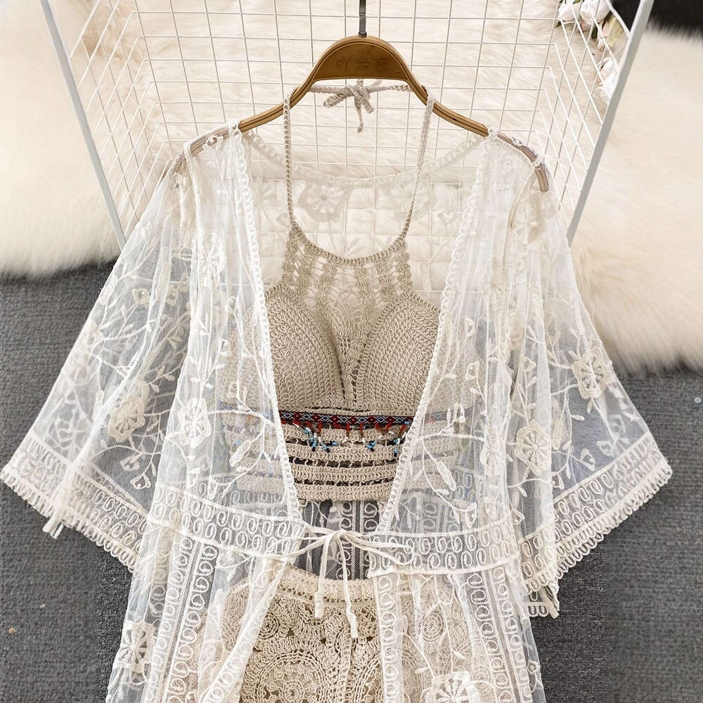 2026 Designer Seaside Vacation Fashion Set Lace Embroidery Medium length Sunscreen cardigan Tank Top Wide Leg Shorts