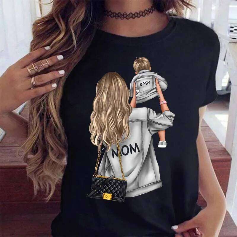 Maycaur Women Cartoon Mom with Sons Fashion Print Casual Woman Tee Ladies Female T-shirt Short Sleeve T Top Shirt Z260314