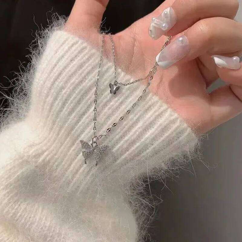 LATS New Shiny Butterfly Exquisite Double Layer Clavicle Chain Necklace Jewelry for Ladies Gift H260312