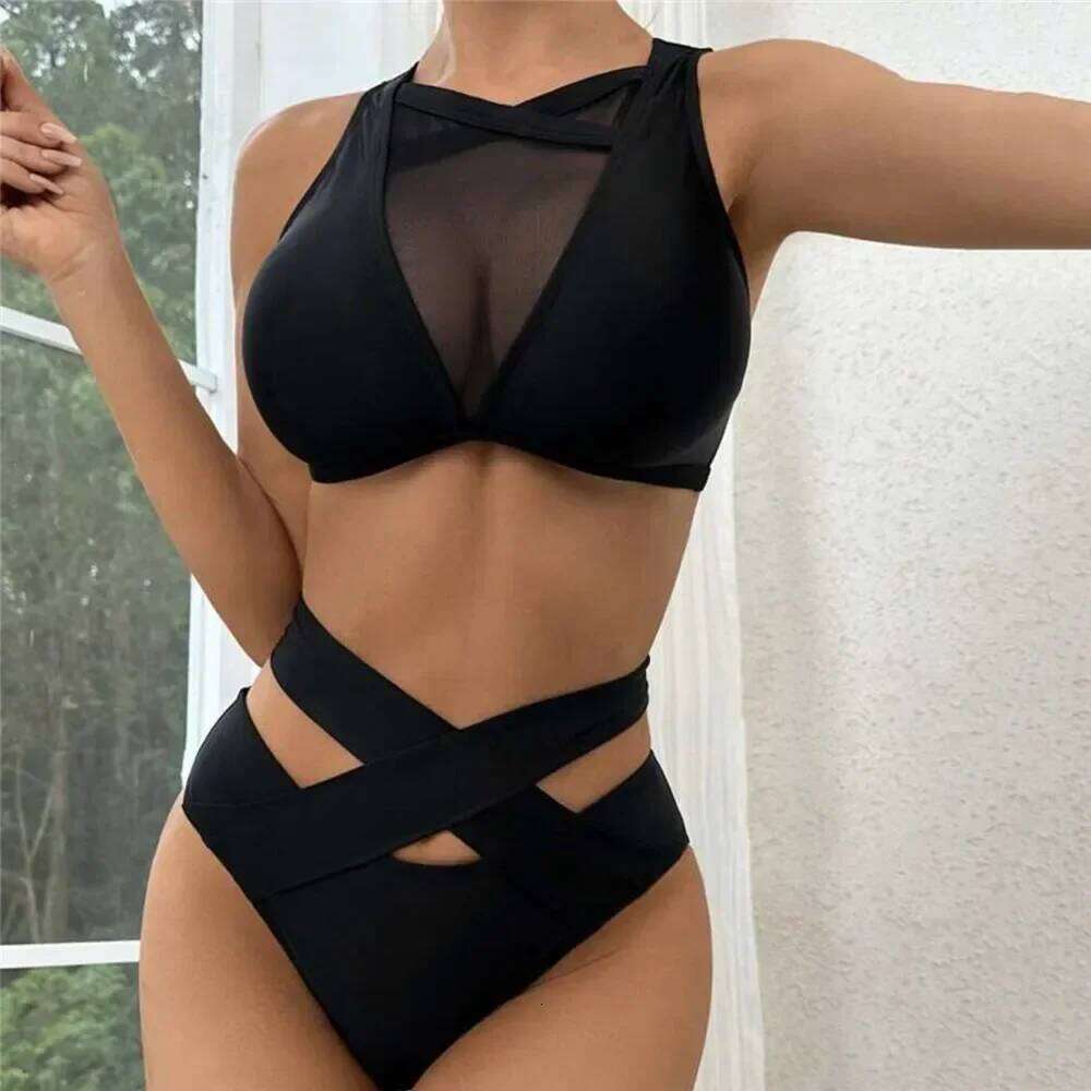 Black High Waisted Bikini Set Cross Bandage 2025 Sexy Swimsuit Women Mesh Patchwork Swimwear Hollow Out Bathing Suit Bikinis Y260303