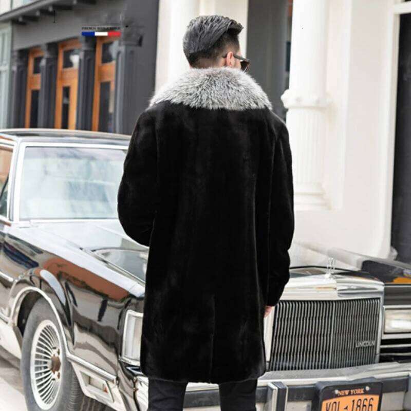 Men's mink coat extra long oversized silver fox fur collar casual warm jacket Z260313