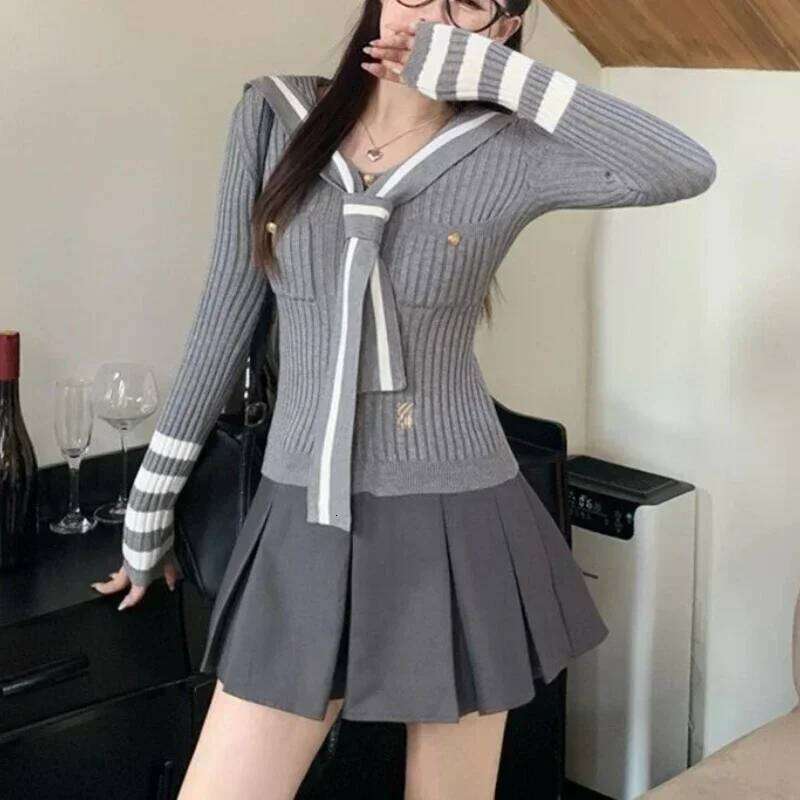 Preppy Style Knitted Women Striped Sailor Collar Cute Long Sleeve Sweater Elegant Sweet Autumn Winter Cardigan Z260313