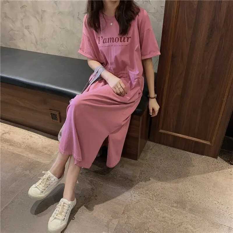 Medium to long T-shirt skirt summer 2024 new T-shirt skirt summer style loose fit short sleeved dress womens clothingT260314