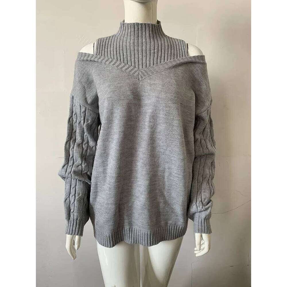 2023 Autumn Winter New Off Shoulder High Neck Long Sleeve European and American Sweater Loose Knit Cardigan Z260314