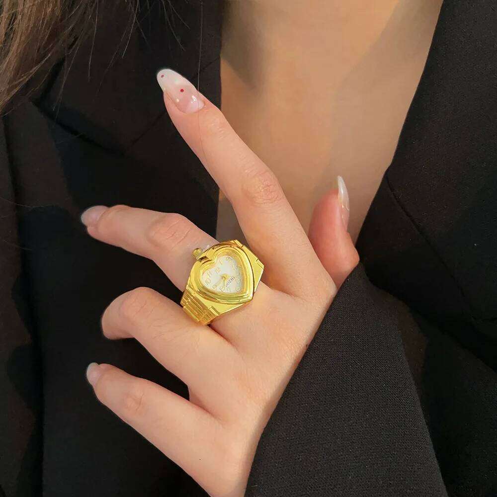 Fashion Heart Shaped Real Rings for Women Men Gold Silver Color Stainless Steel Case Quartz Movement Battery Clock H260312