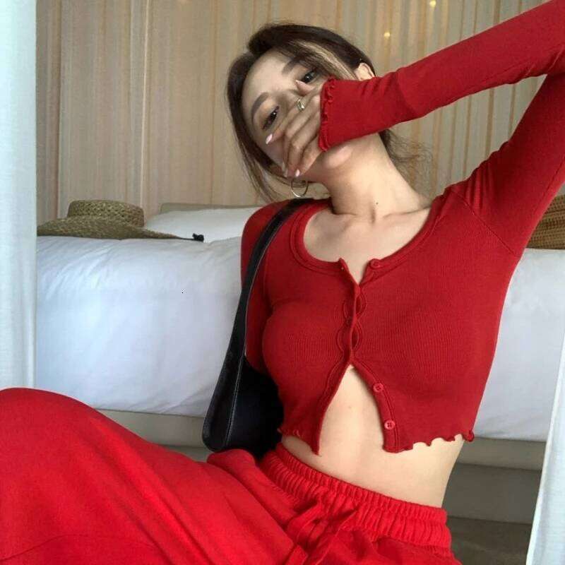 Korean Style Cardigan Women Buttons O-neck Long Sleeve Knittedwear Retro Bodycon Solid Causal Sexy Short Tops Hot Girls Fashion Z260313