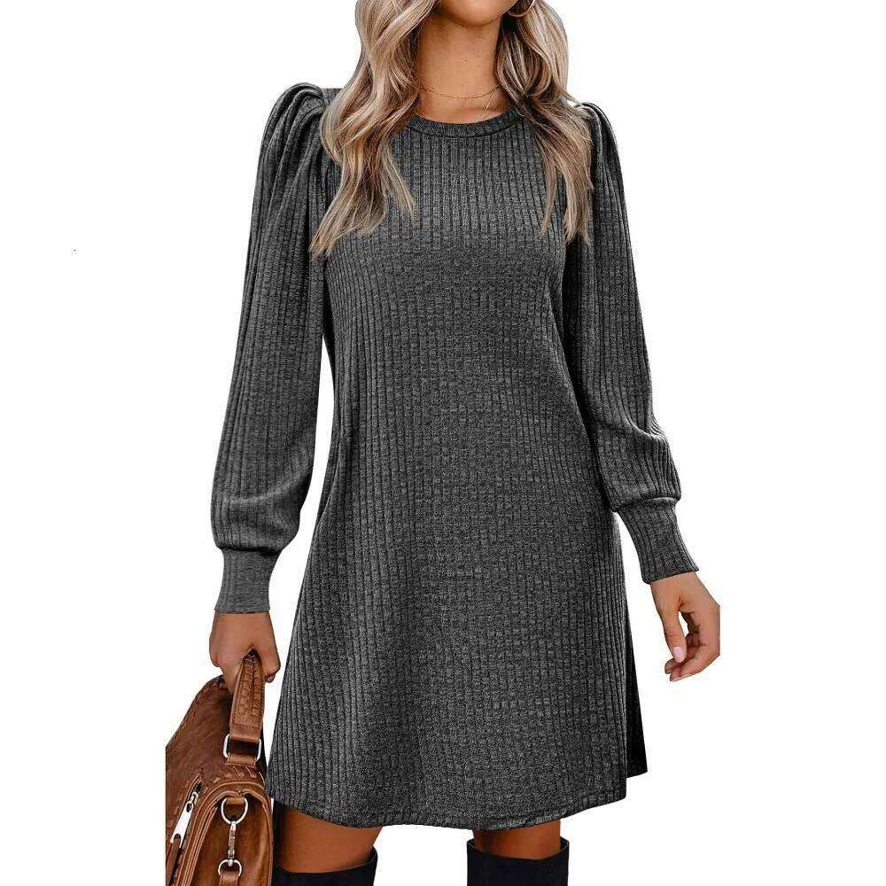 Women's Fall Winter Ribbed - Mock Neck Long Bubble Sleeve Dress for Date Night and Casual Elegance Z260314