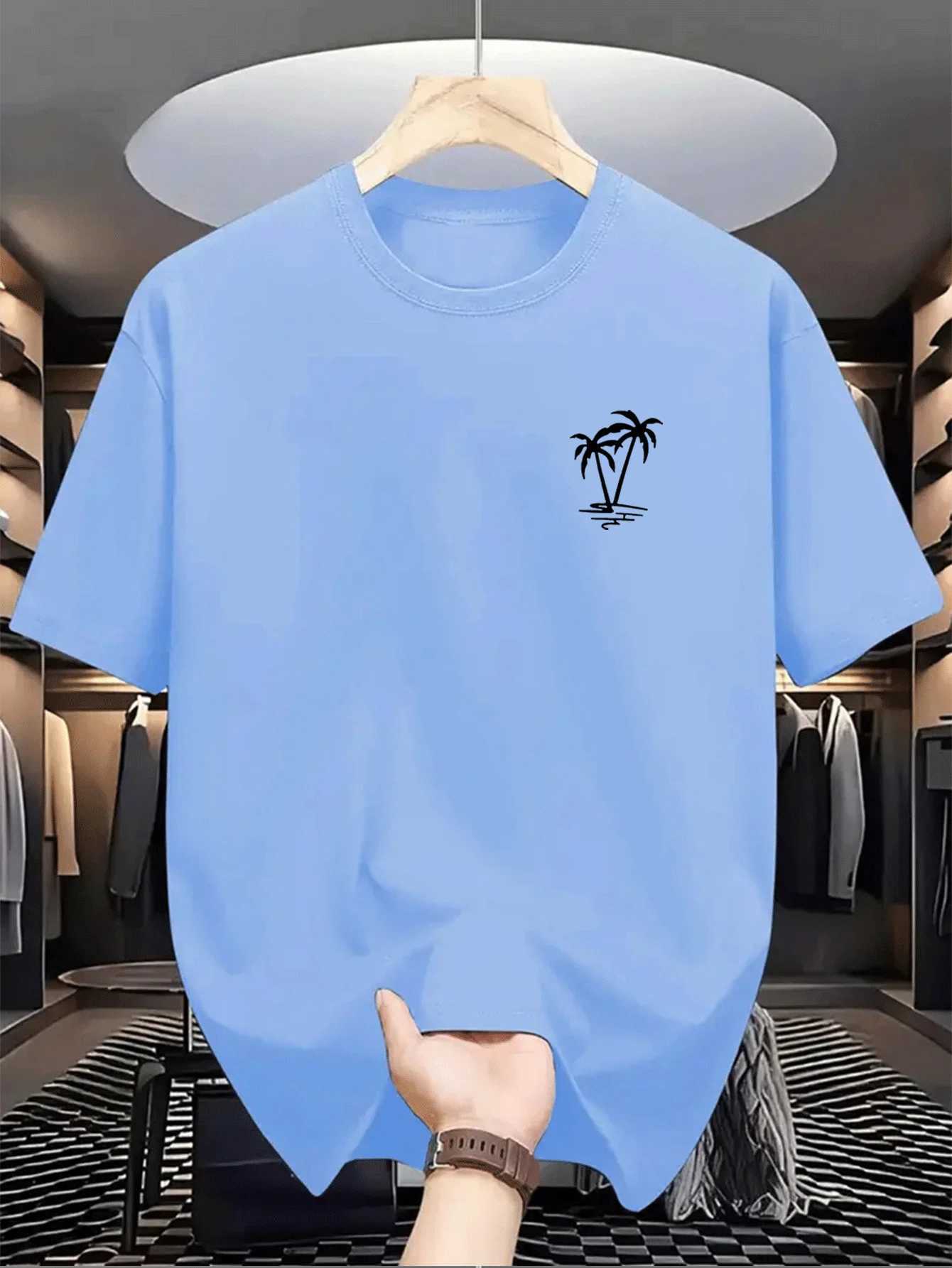 Mens summer 100 cotton fashionable casual loose coconut tree pattern printed sports round neck short sleeved T-shirt top D260313