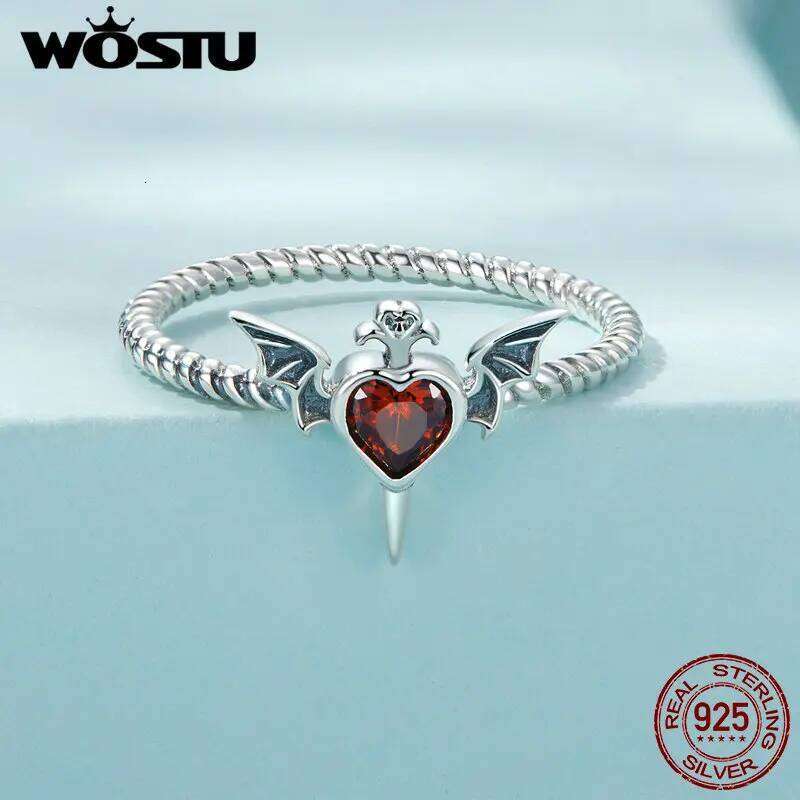 WOSTU 925 Sterling Silver Punk Goth Bat Wings Braided Ring Black Heart CZ Retro Rings for Women Halloween Jewelry Gift Hiphop H260312