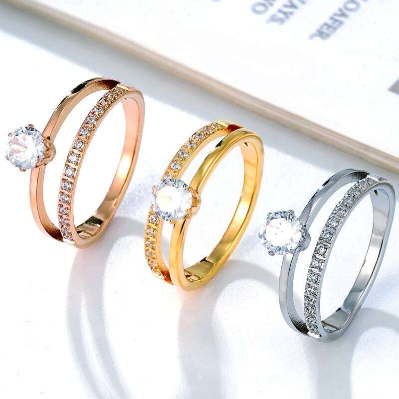 Classic Design Double Prong Set Crystal And Zircon Ring Stainless Steel High Quality Jewelry Wedding Couples Romantic Gifts H260312