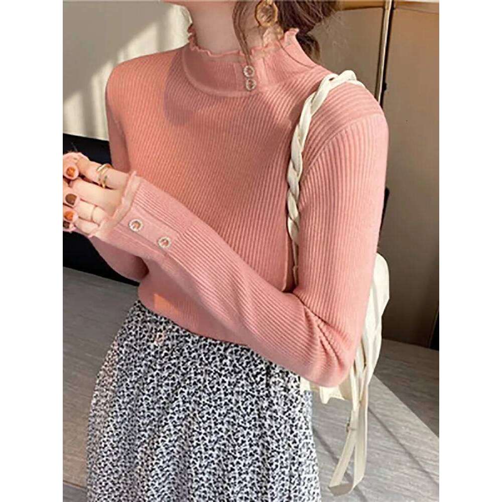 2025 Knitted Women Sweater O-neck Button Pullovers Spring Autumn Basic Sweaters for Female Pullover Slim Solid Bold Lace Tops Z260313
