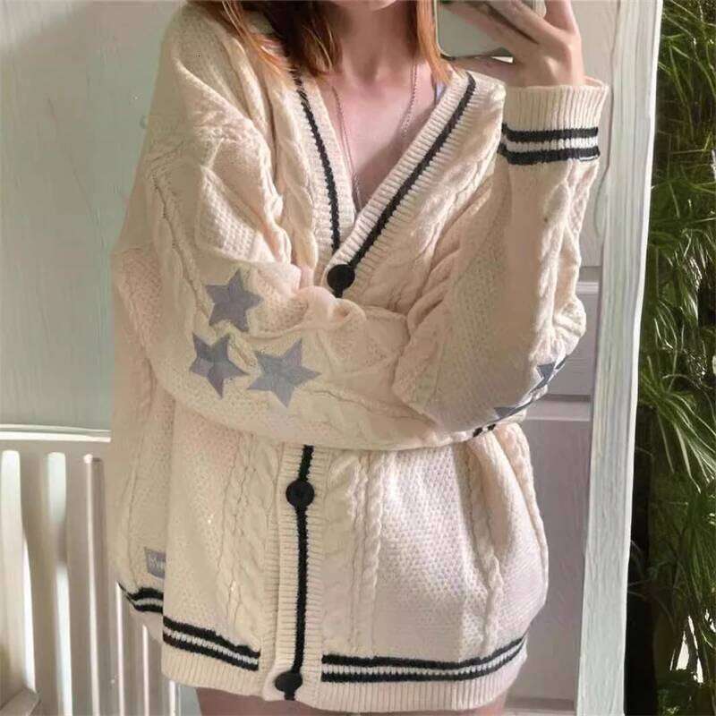 Chic Vintage Star Print Knitted Cardigan Preppy Cute Button Up V Neck Long Sleeve Coat Autumn Y2K Aesthetics Retro Sweater Z260313