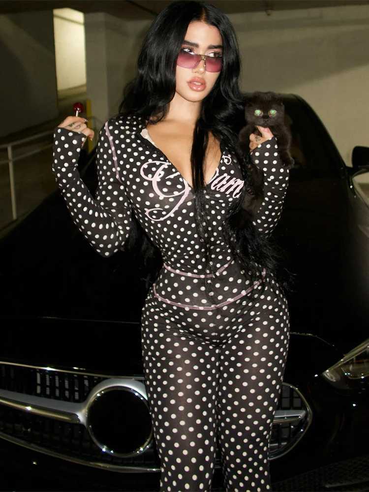 Weird Puss Polka Dot Letter Print 2 Piece Set Woman Tracksuit Trend Sexy Hooded JacketPants Skinny Stretch Matching Streetwear M260313