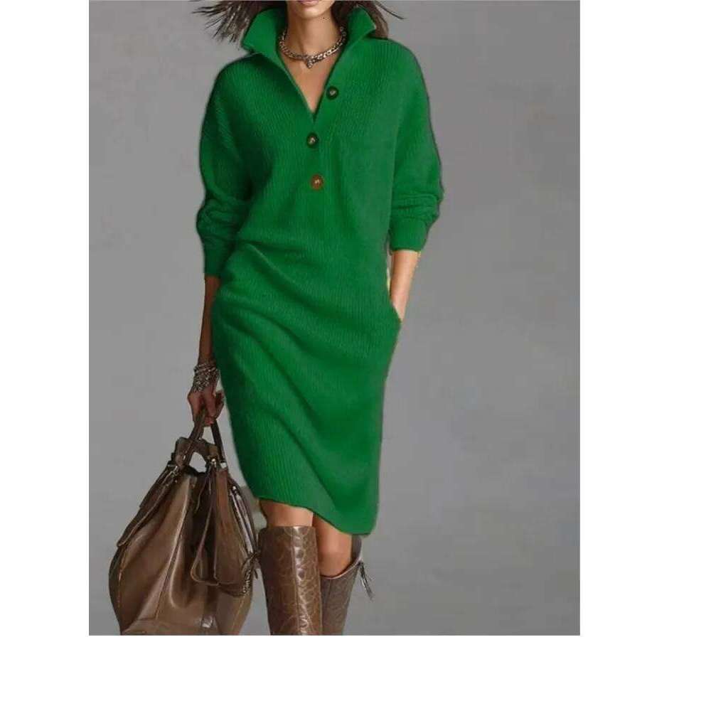 Autumn Fashion Knitted Button Lapel Women Dress Casual Loose Pocket Lazy Straight Over The Knee Long Sleeve Sweater FemaleDress Z260314