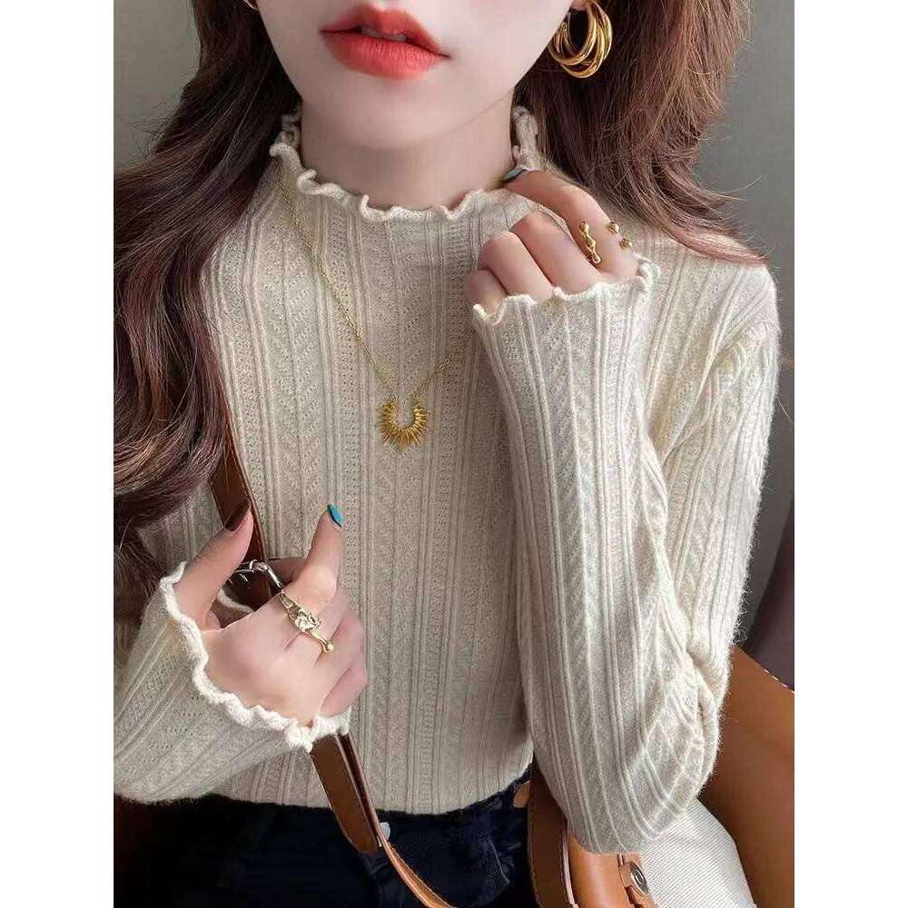 Autumn Women's Knitted Pullover Sweater Sweet Solid Ruffles Half High Neck Long Sleeved Shirt Casual Slim Fit Knitwear Z260314