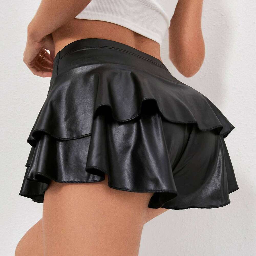 Sexy Women Faux Leather Ruffle Skorts Y2K Elastic High Waist Ball Gown Solid Color Loose Layered Casual Skirts Shorts Z260314