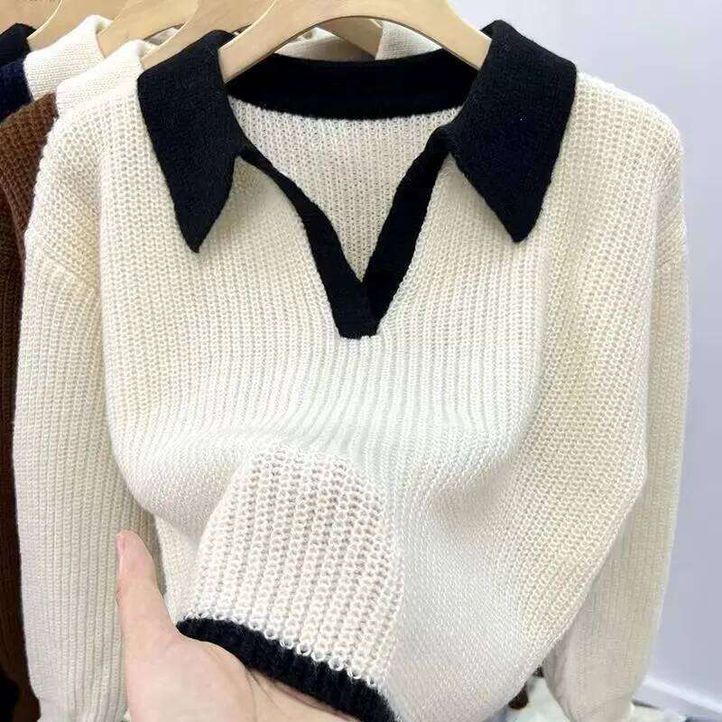 Knitted Sweater POLO Autumn Winter Korean Edition New Lazy Style Soft Glutinous Outer Loose Small Bottom Casual Top Z260313