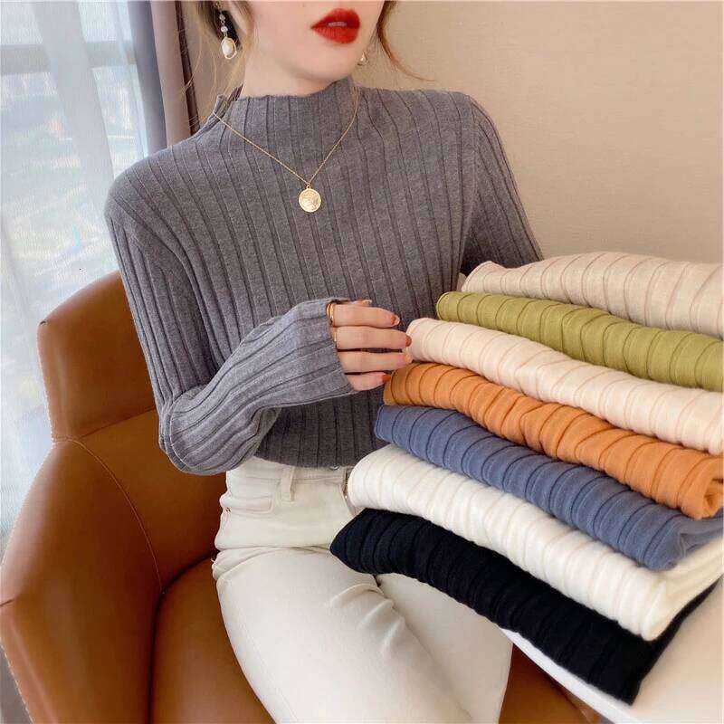 Autumn Winter Knitted Ribbed Mock Neck Sweater Women Clothes 2025 Long Sleeve Slim Basic Pullover Woman Sweaters Solid Tops Z260313