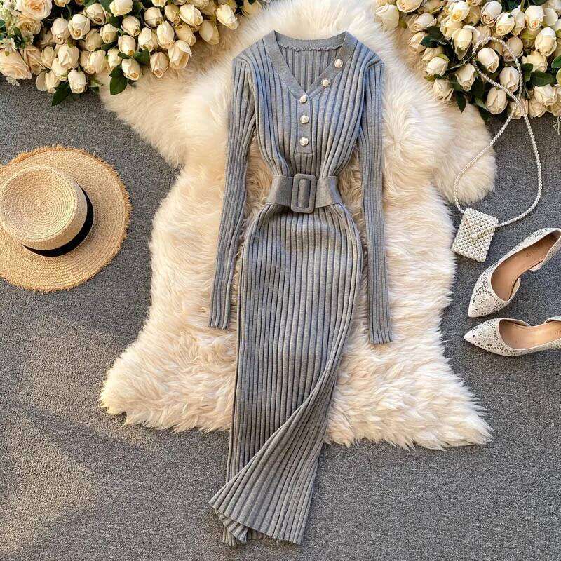 REALEFT Autumn Winter 2025 New Women's Knitted Dresses Sashes Buttons V-Neck Long Sleeve Elegant Bodycon Wrap Dress Female Z260313