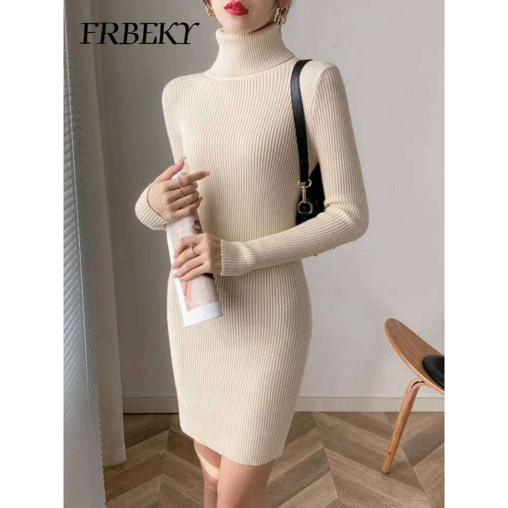 Autumn New Korean Turtleneck Knitted Pure Color Bodycon Sweater Dress Office Lady Pullover Casual Elegant Knitwear Jumper Z260314