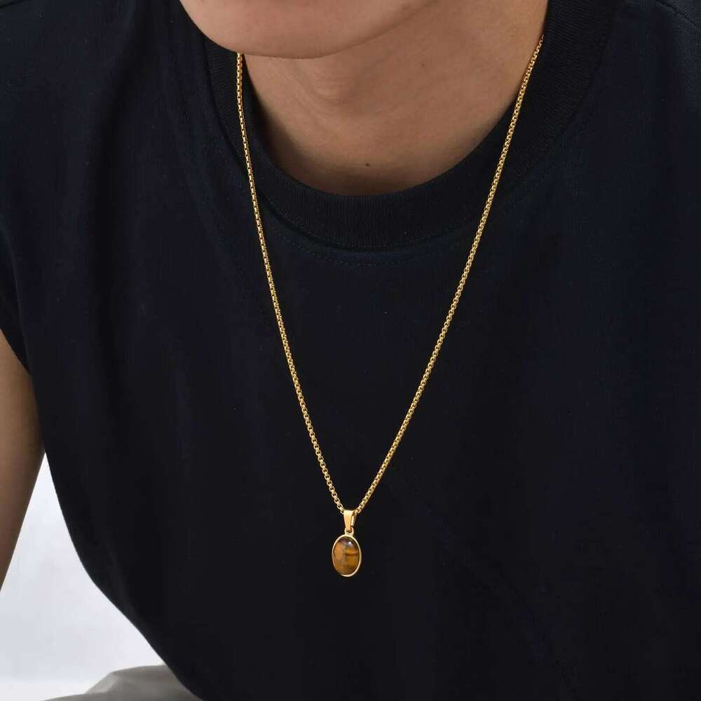 Vnox Trendy Natural Stone Geometric Pendant Necklace for Men, Stainless Steel Gold Color Box Chain Collar, Fashion Charm Jewelry H260312