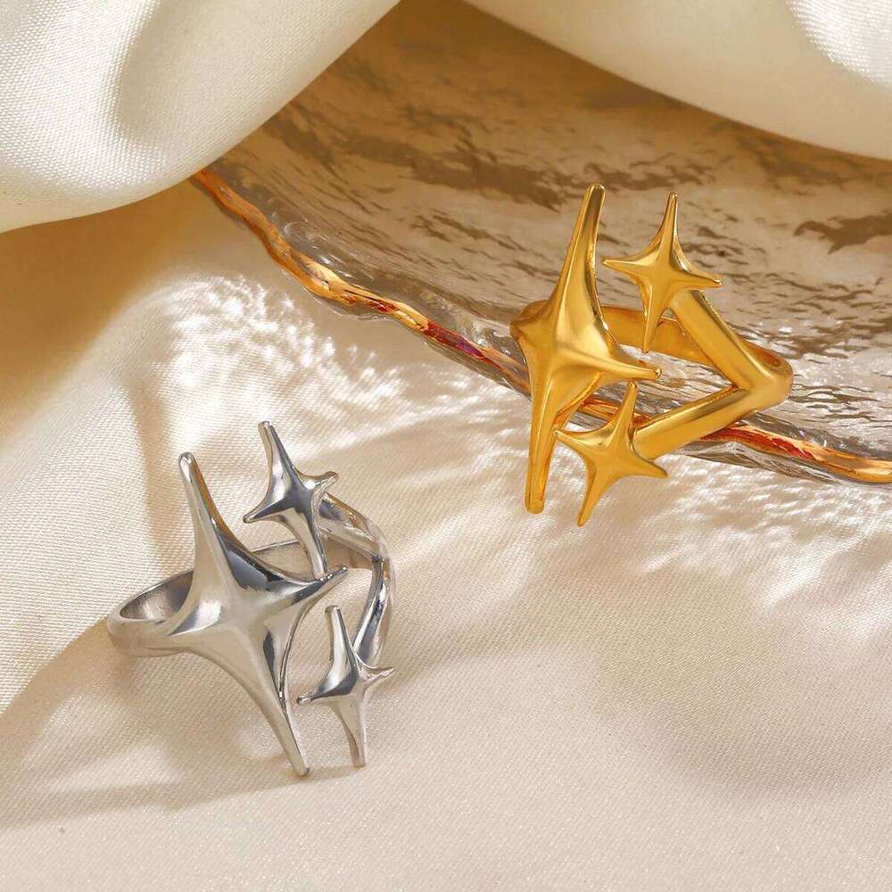 LATS Stainless Steel Y2K Celestial Star Open Rings for Women Men Unique Design Gold Silver Color Adjustable Ring Fashion Jewelry H260312
