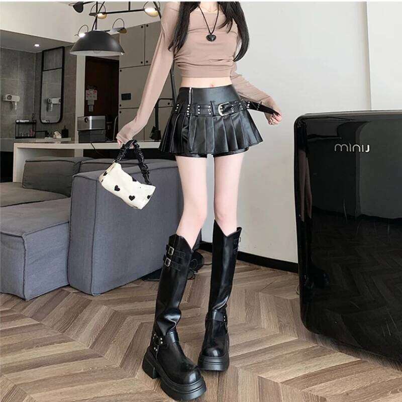 Women's Black Gothic A-line Pleated Leather Y2k Mini Shorts Skirts Harajuku Korean Emo Skirt 2000s Vintage Clothes Summer Z260314