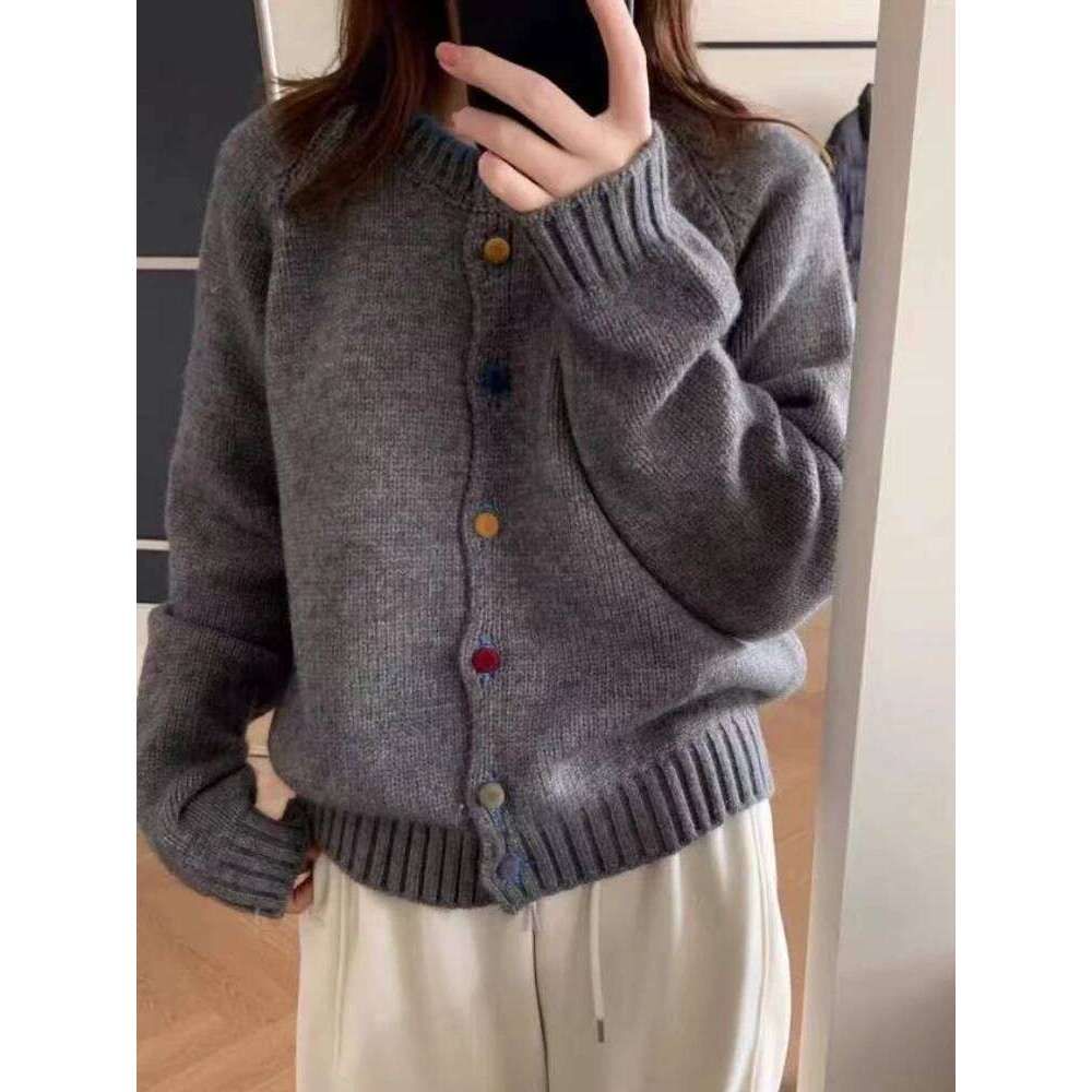 2026 Autumn Winter Coat Loose Fit O-Neck Knitted Cardigan Women's Single Button Contrast Color Lazy Korean Style Sweater Z260313