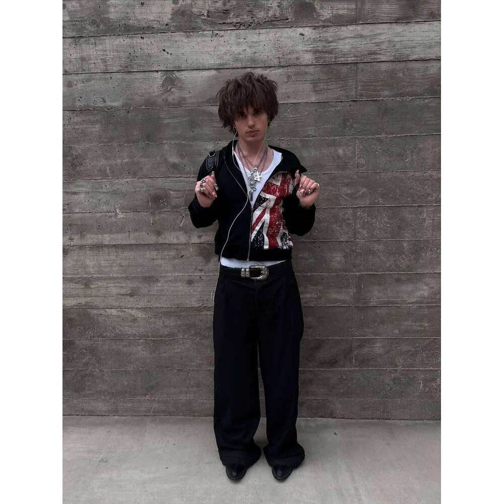 British flag printed cardigan hooded fashionable solid color oversized sweatshirt Y2K Harajuku Hip Hop Gothic casual clothes Z260315