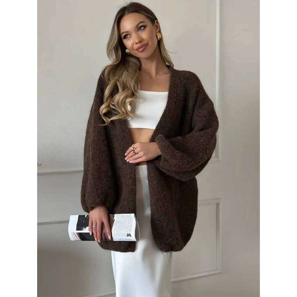Casual Lantern Sleeve Cardigan V-neck Loose Long Sleeves Drop Shoulder Solid Short Sweater Autumn Winter 2025 All-match Sweaters Z260313