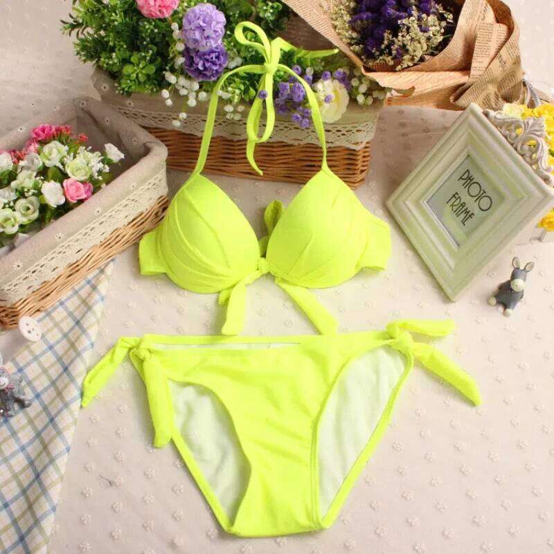 Push Up Bikinis Two Pieces Swimsuit Women Swimwear Neon Green Beach Wear Monokini Bathing Suits Korean Bikini Set Pool 2024 Y260303