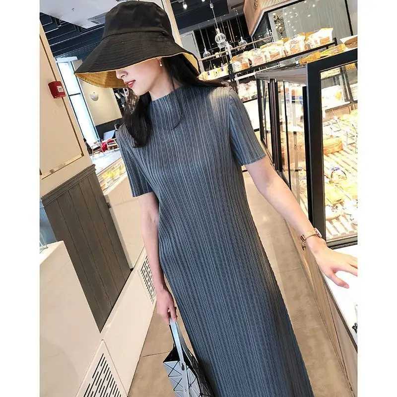 Long Pleated Dr PP Series Small Stand Collar Straight Tube Skirt Casual Sle Polyester Fiber Spring Summer New plus SizeT260314
