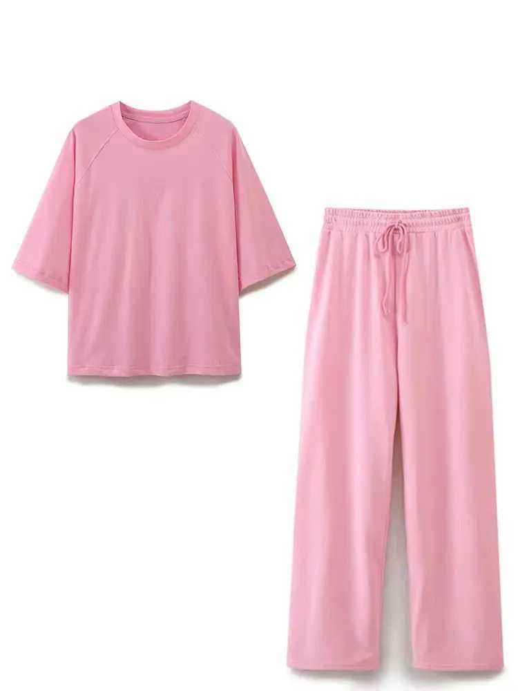 HH Summer Women Casual T Shirt Pant Sets Elegant Pink O Neck Short Sleeve T-Shirt Drawstring Loose Trousers Spring Suit M260313