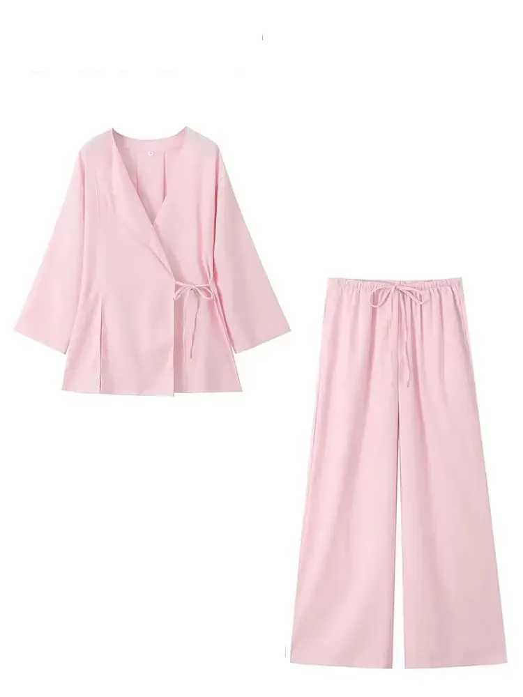 2024 Woman Trouser Set Solid V Neck Casual Kimono Style Lace Up Shirt Top Elastic Waist Wild Womens Wide Leg Long Pant M260313