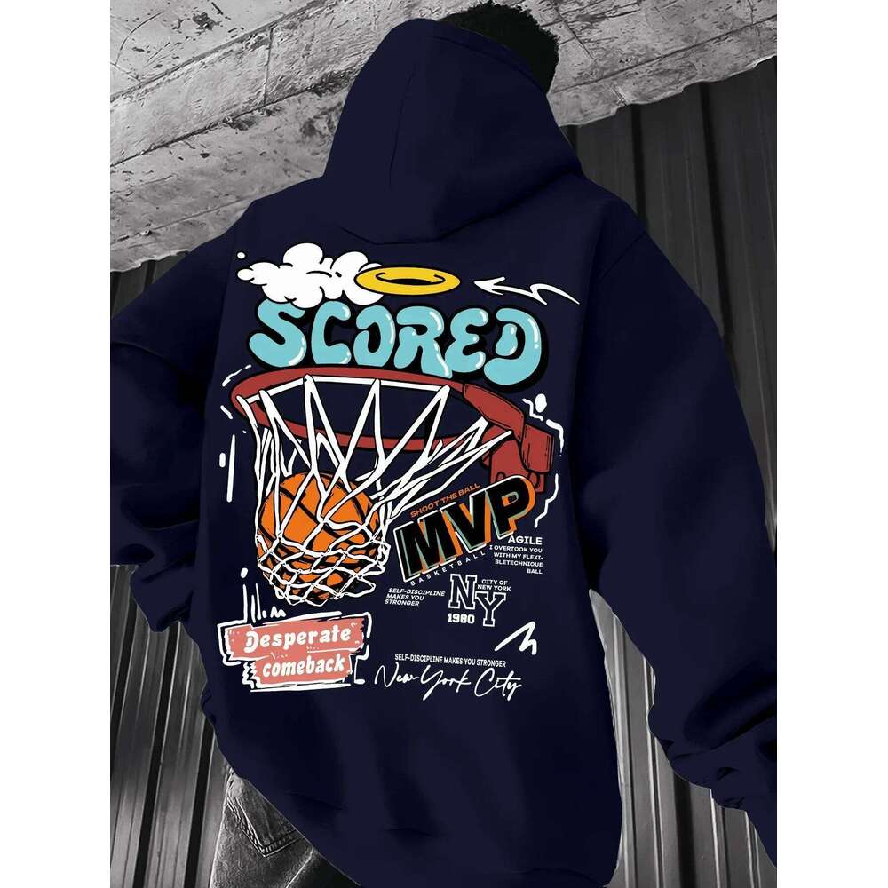 Casual MVP Basketball Graphic Hoodie for Men - Knitted Fabric Regular Fit with Slight Stretch Z260314