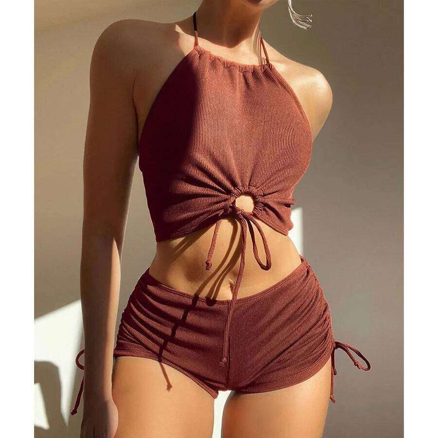 Women's solid color halter split flat Angle sports beach bikini swimsuit set Y260303