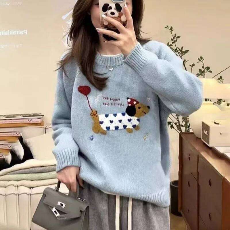 Korean Blue Puppy Towel Embroidered Raccoon Velvet Sweater for Women in Autumn and Winter Loose Outerwear Knitted Top Z260313